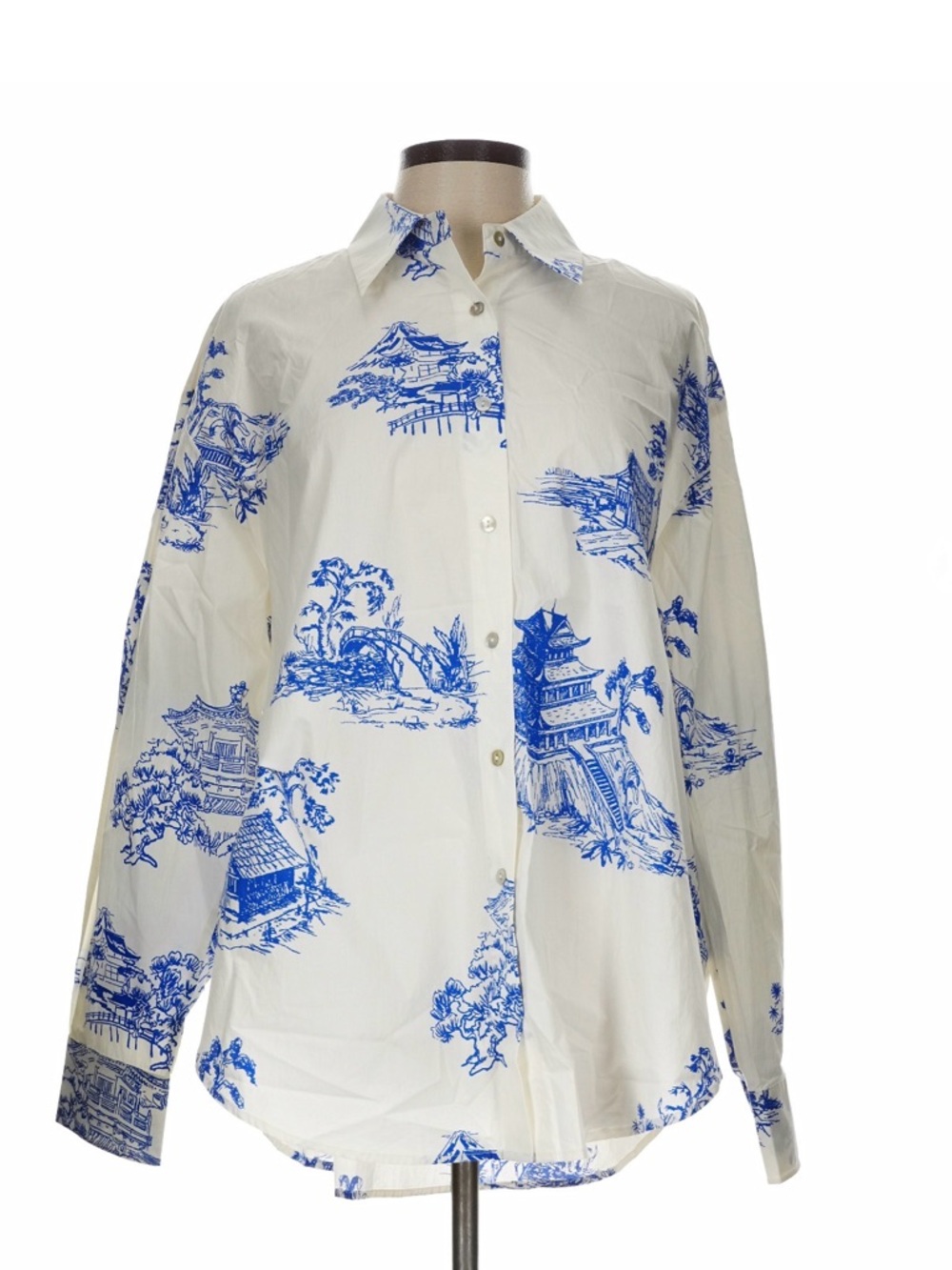 Pinch Toile 100% Cotton Oversized Shirt White Blue Chinoiserie Print Large